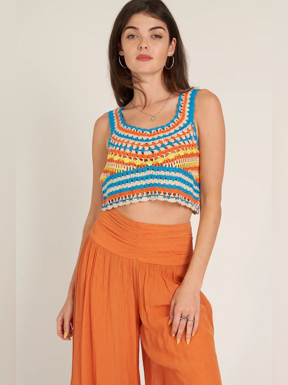 En Creme Boho Striped Crochet Crop Top - Blue & Orange Festival Tank - Size L